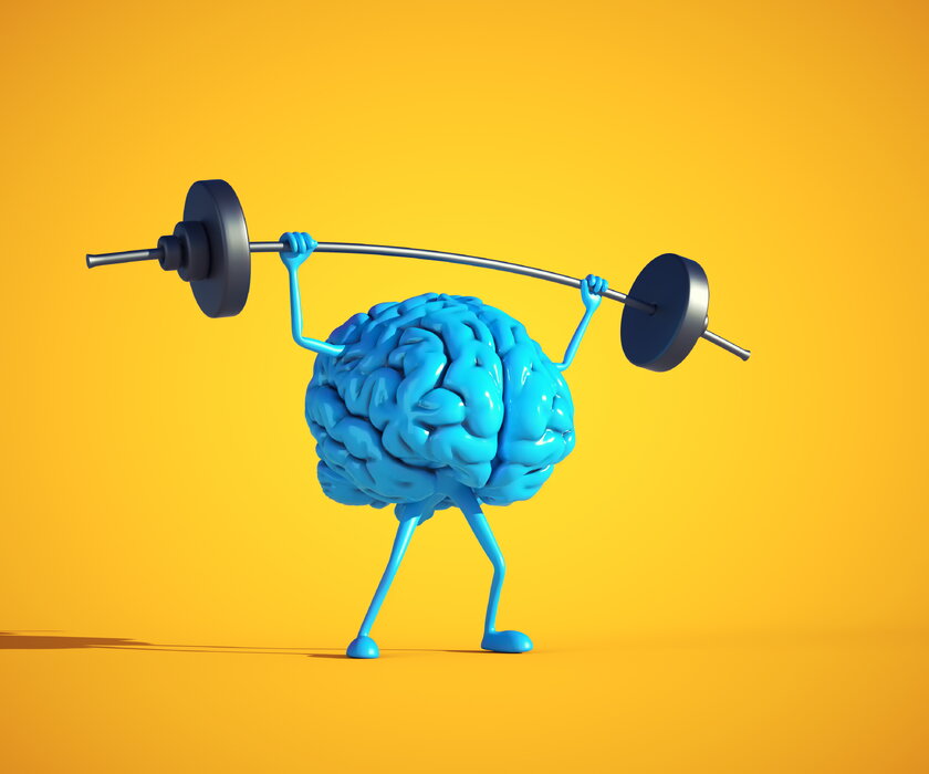 Menschliches Gehirn mit comichaften Armen und Beinen hebt Gewichtstange.
